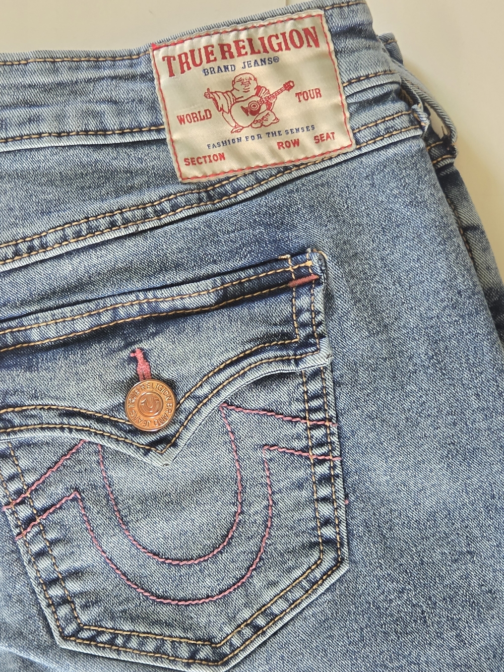 True Religion 29 Billy MidRise Straight Pink Horseshoe Stitching Y2K Denim Jeans